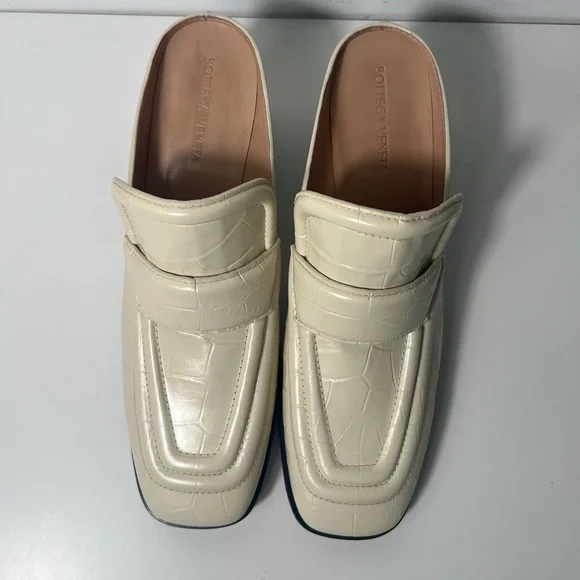 Bottega Veneta Croc Embossed Square Toe Slip On Loafer Mules Heels